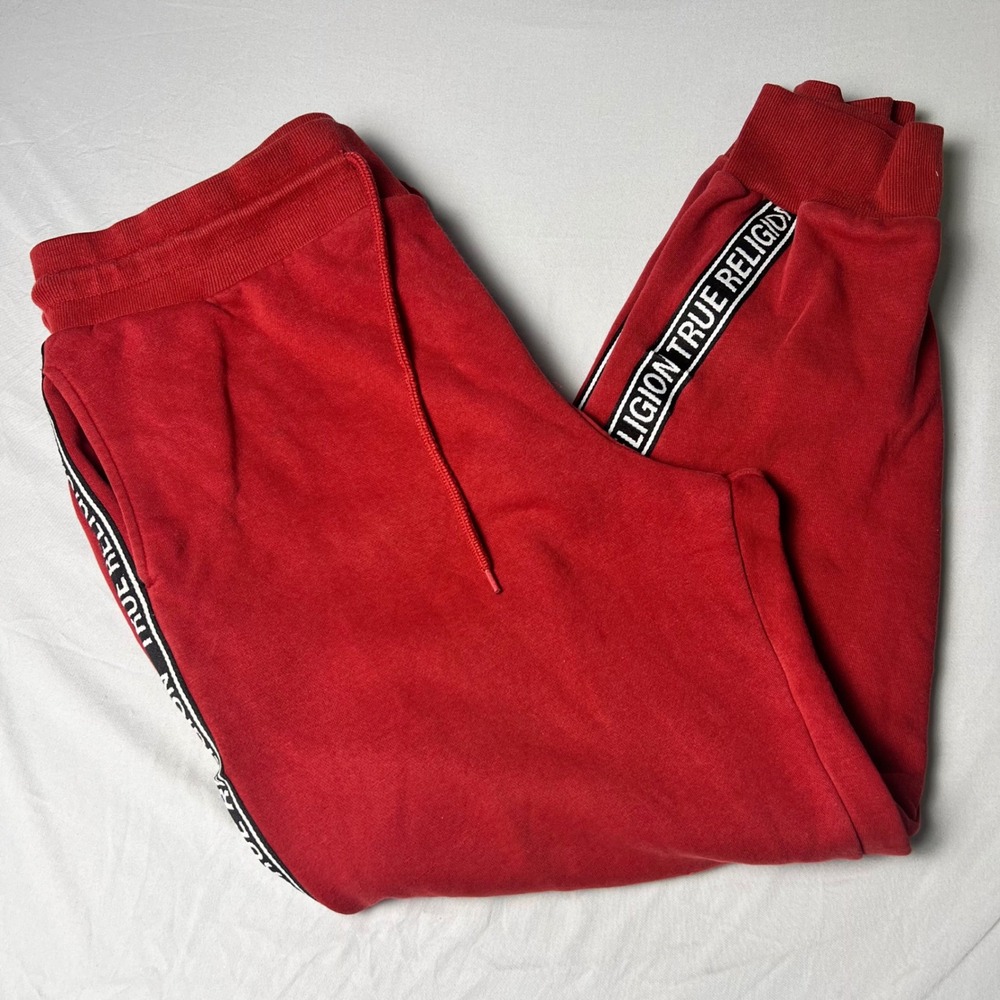 True Religion Mens Red Logo Tape Jogger Sweatpants Large Horseshoe Graphic